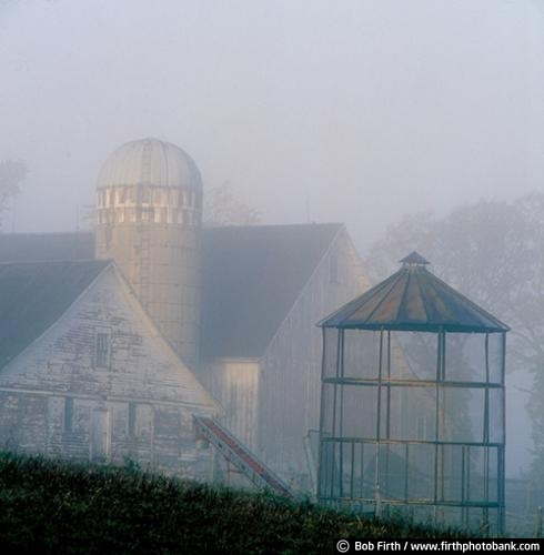 agricultural;corn crib;farm buildings;foggy;fog;Minnesota;summer;agriculture;country;MN;rural;silo;white barn