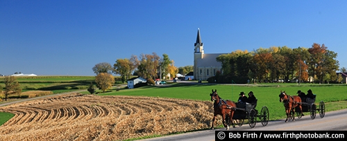 agricultural scene;agriculture;Amish;blue sky;carriage;church;couple;country;horse drawn carriage;man;fieldwork;farm;fall;road;wagon;WI;Wisconsin;women