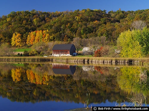 Barns;agriculture;country;farm;farm buildings;Frontenac MN;Minnesota;MN;rural;Mississippi River Bluffs;bluff country;river bluffs;pond;reflections in water;fall;autumn;fall trees;fall color