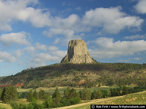 Wyoming;WY;Black Hills;destination;Devils Tower National Monument;geological landmark;overview;rock formation;tourism;trees;volcano core