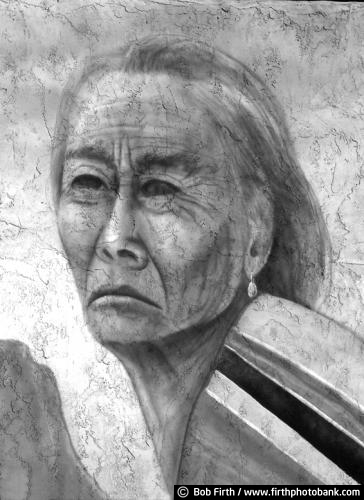 adobe;painting on adobe;hand painted;Indian;mural;southwest;southwestern;wall art;woman;black and white photo