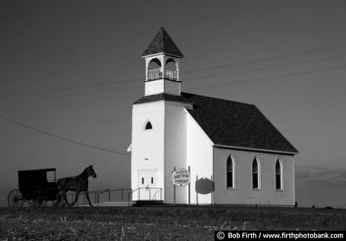 black and white photo;Amish;Amish Church;Amish horse and buggy;Wisconsin;WI