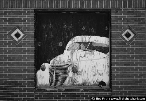 B & W;automobile;Cars and Trucks;black and white;man cave art;signage;old car sign;wall art;wall art on brick wall;hand painted wall sign;vehicles;vintage;vintage car;vintage auto artwork;wall painting of old car;wall painting