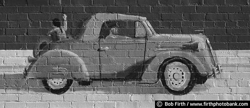 B & W;automobile;Back to the Fifties;Cars and Trucks;black and white;wall art;signage;hand painted;wall painting;wall painting of old car;vehicle;wall art on brick wall;hand painted wall sign;vintage auto artwork