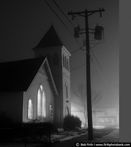 black and white photo;Carver County;Minnesota;Carver;MN;Church;fog;foggy;dusk;evening;night;small town