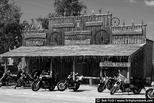 B & W;car show;automobile;Back to the Fifties;Cars and Trucks;black and white;South Dakota;old building;American Indians;trading post;western restaurant;indian tacos;SD;signage;signs;wagonwheel;tourism;motorcycles;store front;destination