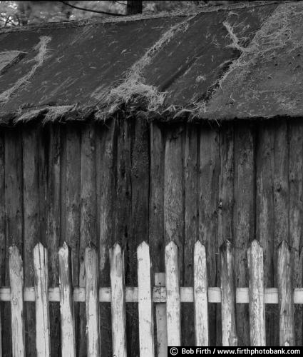 black and white photo;Washington;fence;white picket fence;old homestead;moss covered roof;old house;WA