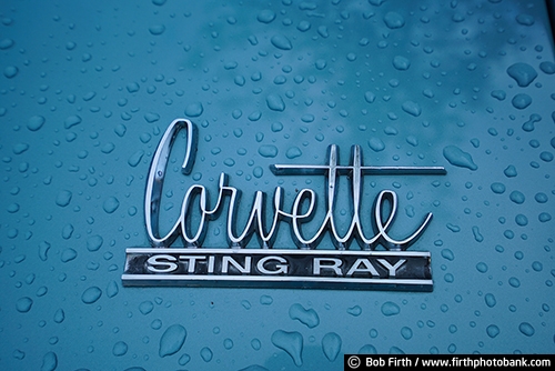 Corvette;1966 Corvette;car emblem;emblems;close up;collectible;collectible cars;detail;details;hot rods;logo;photos of old cars;restoration;fixed up cars;restored cars;vehicles;vintage;antique;old car;classic cars;man cave art;man cave;man cave decor;man cave photos;Sting Ray;water droplets on car;vintage car