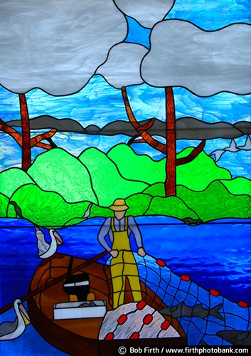 Cedar Key United Methodist Church;fish;fisherman;fishing;clouds;FL;Florida;ocean;Pelican;stained glass