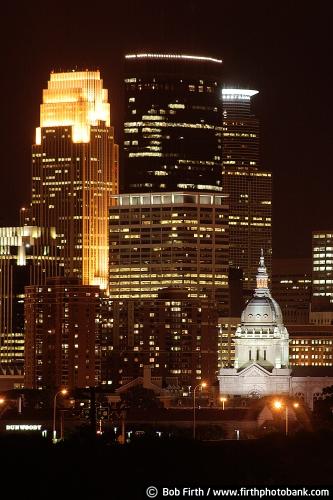 Wells Fargo Center;US Bank Building;skyline;photo;night;Minneapolis office buildings;Mpls;IDS Tower;downtown; MN;Minnesota;Basilica of St. Mary;nighttime;city;lights