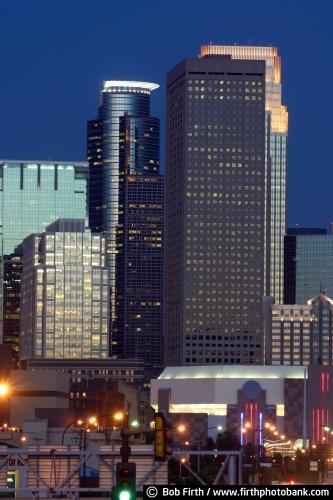 Wells Fargo Tower;twilight;Target Center;US Bank Building;skyline;photo;night;Minnesota;Minneapolis office towers;buildings;downtown;Mpls;MN
