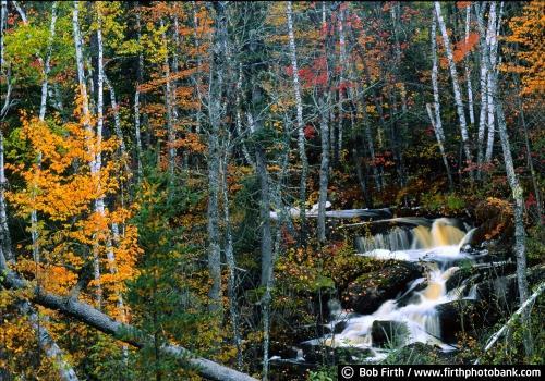 waterfall;Gunflint Trail;Minnesota;up North;northern Minnesota;fall color;trees;cascading stream;birch trees;woods;woodlands;MN