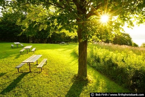 Mississippi River;destination;Great River Road;Mighty Mississippi;MN;Minnesota;peaceful;relaxing;upper Mississippi River;bluff country;bluffs;Frontenac State Park MN;Minnesota State Park;morning;river bluffs;summer;sunburst;sunrise;trees;tree;picnic table;sun