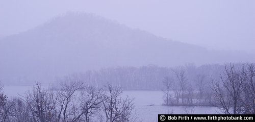 Mt Trempealeau;Wisconsin;water;Trempealeau, WI;spring;Perrot State Park;Mississippi River bluffs;Mississippi River;Mighty Mississippi;Great River Road;foggy;fog;bare trees