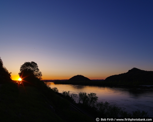 Wisconsin;water;twilight;Trempealeau, WI;trees;sunset;silhouette;quiet water;Perrot State Park;Mt Trempealeau;Mississippi River bluffs;Mississippi River;Mighty Mississippi;Great River Road;dusk;Brady Bluff