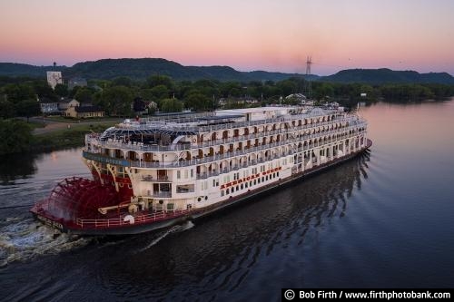 Mississippi River;bluff country;bluffs;Mighty Mississippi;upper Mississippi River;river bluffs;tourism;transportation;travel;twilight;Wabasha MN;tourist;predawn;Minnesota;explore;American Queen paddlewheel;river boat;historic;passenger boat