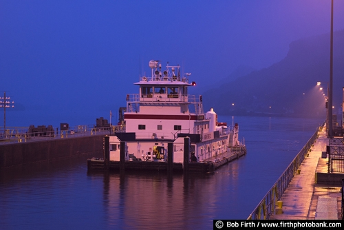 Wisconsin;water;twilight;Trempealeau, WI;spring;reflection;quiet water;Mississippi River;Mighty Mississippi;dusk;Lock and Dam;tug boat