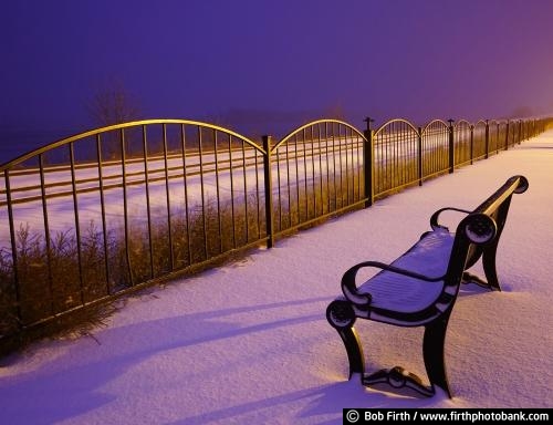 upper Mississippi River;Mississippi River;Great River Road;Wisconsin;WI;bench;snow;snow covered;winter;western Wisconsin;Trempealeau WI;tranquil;solitude;railroad tracks;railing;peaceful;night;fence;evening;dusk;destination;relax;relaxing