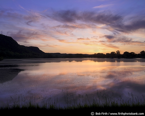 backwater;bluffs;colorful sky;hills;Minnesota;Mississippi River;MN;peaceful;reflection;scenic;silhouette;sunrise;water;WI;Wisconsin;dawn