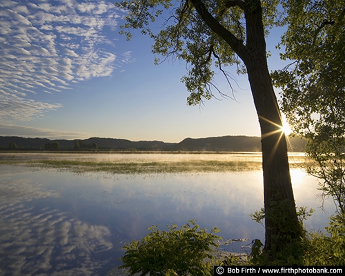 bluffs;Minnesota;MN;peaceful;trees;WI;Wisconsin;morning;sunburst;clouds;reflection;Mississippi River