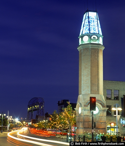 destination;Park Place;Duluth;MN;night;Aerial Lift Bridge;North Shore;northern Minnesota;tourism;twilight;light decorations;tower;Canal Park Clock Tower