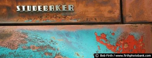 panoramic photo;automobile;close up;collectible;collectible cars;Collector Car;detail;logo;man cave art;photos of old cars;patina;rusty;rusty car;moldering car;rust;weathered car;Studebaker;Studebaker;Studebaker;Studebaker truck detail;vehicle;vintage;vintage Studebaker truck