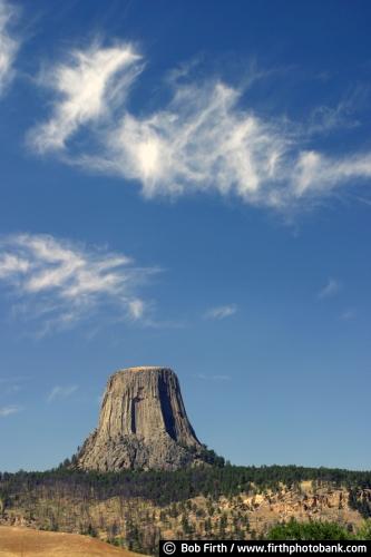 Devils Tower;Wyoming;WY;tourism;destination;volcanic plug;blue sky;summer;rock climbing;sacred place