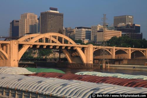 St. Paul;skyline;Mississippi River;barges;Robert Street Bridge;summer;River town photos;transportation;barge transportation;Minnesota;MN;Twin Cities