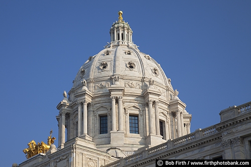 blue sky;destination;dome;government;gold statue of horses and chariot;historic;landmark;Minnesota;MN;quadriga;Saint Paul;St Paul;State Capitol;tourism;Twin Cities