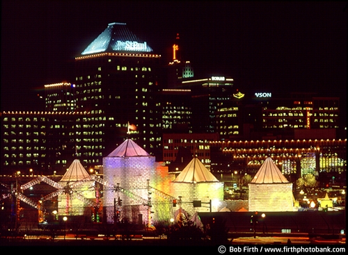 St Paul Winter Carnival;Saint Paul;night;MN;Minnesota;St Paul skyline;illuminated;ice castle;ice carving;colored lights