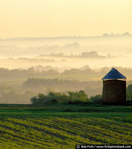 summer;spring;south eastern MN;Minnesota;foggy;fog;fieldwork;farm fields;crops;corn crib;agricultural;agriculture;country;hills;rural