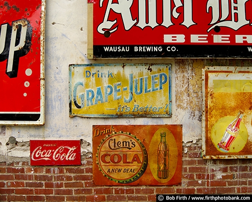 advertising;beverage;alcohol;brick wall;building;fading;liquor;metal;Minnesota;old signs;Reeds Landing MN;rusting;rusty;signage;soda pop;soft drink;wall sign;logo