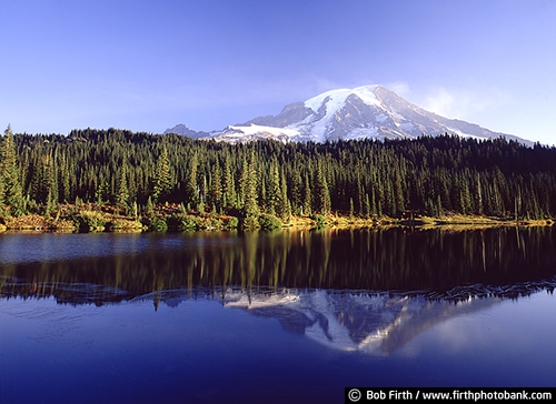 Washington;forest;lake;Mount Rainier;Cascade Range;Cascade Volcanic Arc;highest mountain in Washington state;Mount Rainier National Park;Mount Tacoma;Mount Tahoma;seen from Seattle;stratovolcano;Mt Rainier;snow covered mountain;reflections in water;WA;woodlands;woods;trees;inspirational;reflection;peaceful;solitude;Pacific Northwest