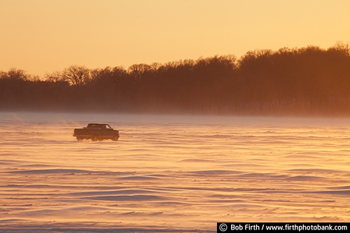 automobile;country;driving on ice;frozen lake;ice;Minnesota;MN;rural;truck;winter;sunset;blowing snow