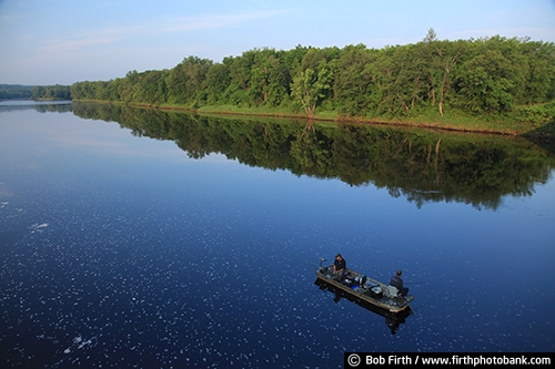 St Croix River;summer;Wisconsin;trees;reflections in water;fishing boats;boat;fishermen;Grantsburg WI