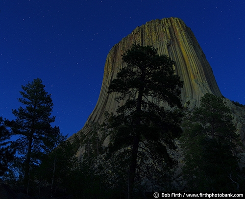 Devil's Tower;geological landmark;National Monument;rock formation;sacred;volcano core;Wyoming;Black Hills;destination;prairie;tourism;WY;trees;rock landscape;rock;rocks;silhouette;dusk;evening;night;Devils Tower;northeastern Wyoming;Crook County;Bear Lodge Mountains;Devils Tower National Monument;laccolithic butte;near Hulett and Sundance;rolling prairie