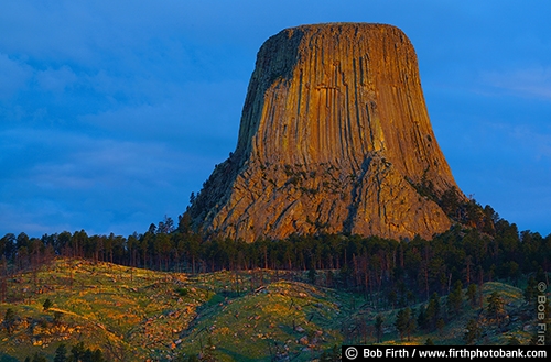 Devil's Tower;geological landmark;National Monument;rock formation;sacred;volcano core;Wyoming;Black Hills;destination;prairie;tourism;WY;rock;rocks;rock landscape;trees;sunrise;Devils Tower;northeastern Wyoming;Crook County;Bear Lodge Mountains;Devils Tower National Monument;laccolithic butte;near Hulett and Sundance;rolling prairie