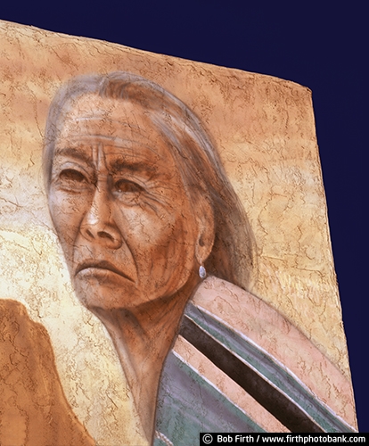 wall art;signs;mural;southwest;woman;Indian;hand painted;Adobe;face;elderly;detail;closeup