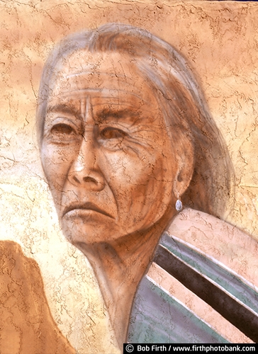 wall art;signs;mural;southwest;woman;Indian;hand painted;Adobe;face;elderly;detail;closeup